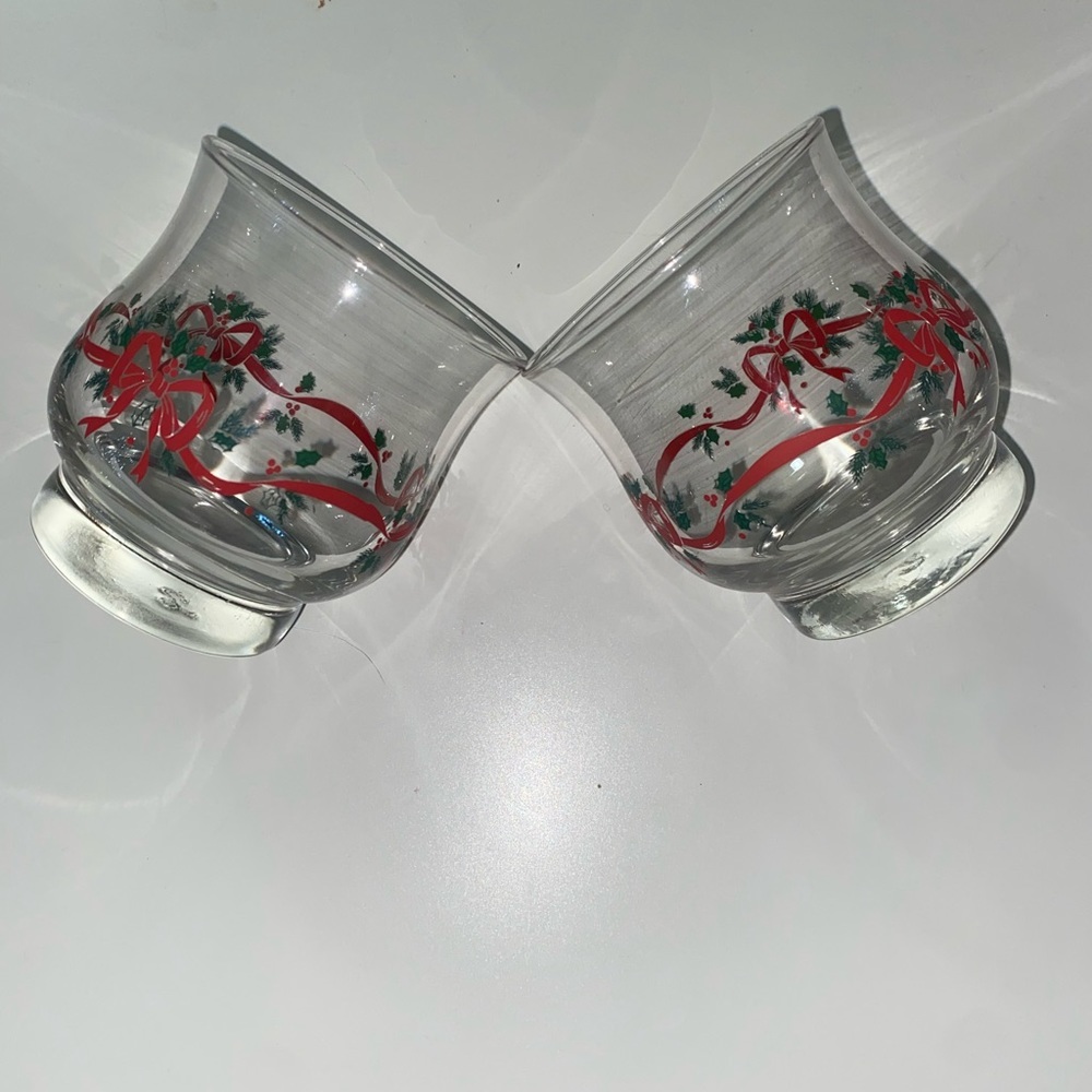 2 Libbey Christmas Holly and Ribbon Egg Nog Glasses Double Old Fashioned Rocks